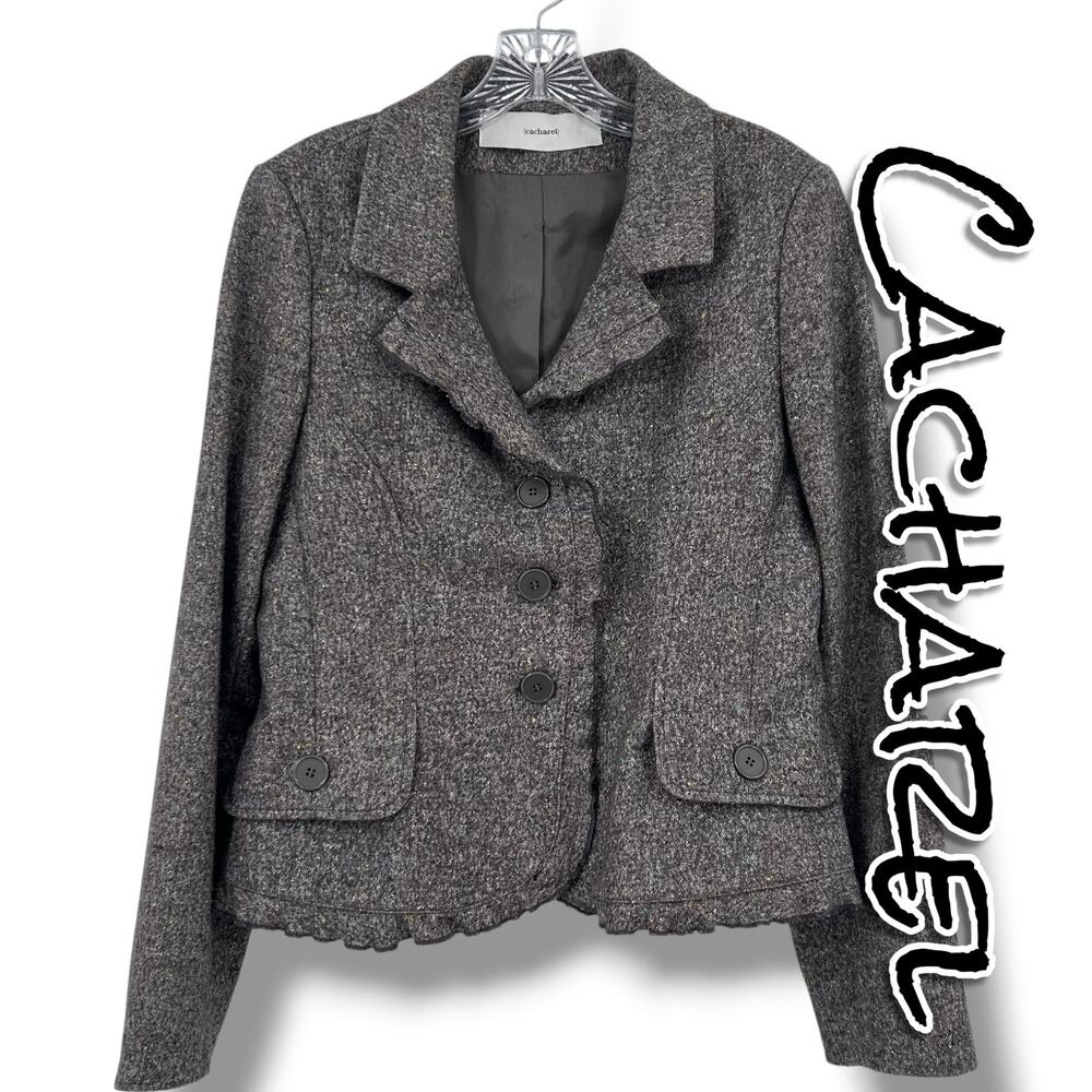 Cacharel Wool Blend Tweed Blazer Gray Flecked Ruffle Hem Jacket Size Unknown